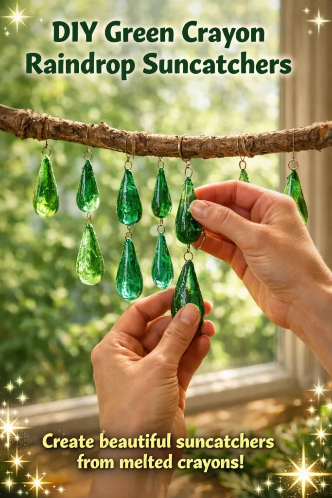 DIY Green Crayon Raindrop Suncatcher shining in sunlight