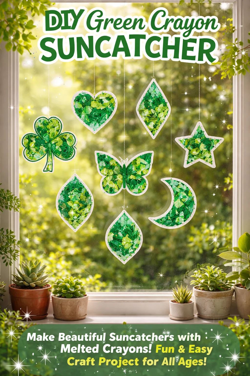 DIY green crayon suncatcher project displaying colorful designs.