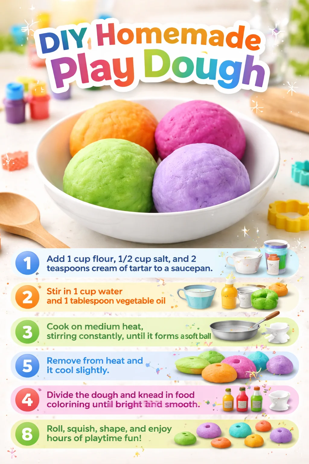 Colorful DIY homemade play dough displayed on a table