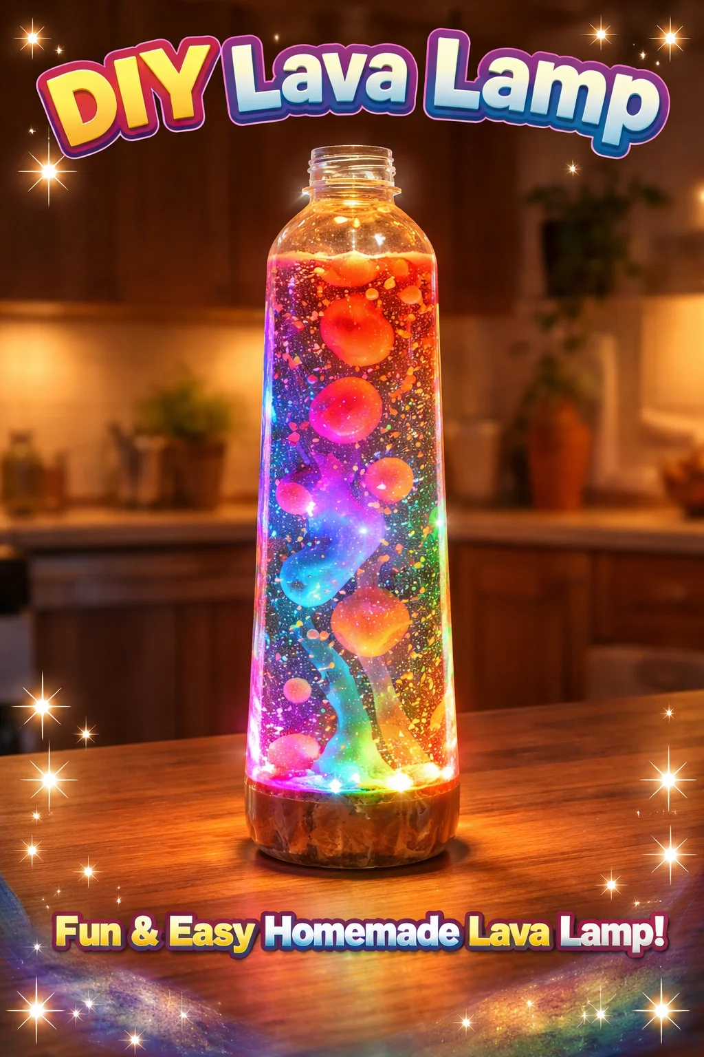 DIY lava lamp made with colorful liquids and bubbling wax in a clear bottle