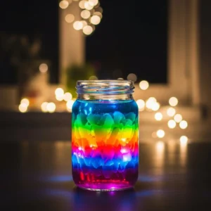 Colorful layered liquid art jar showcasing vibrant DIY design
