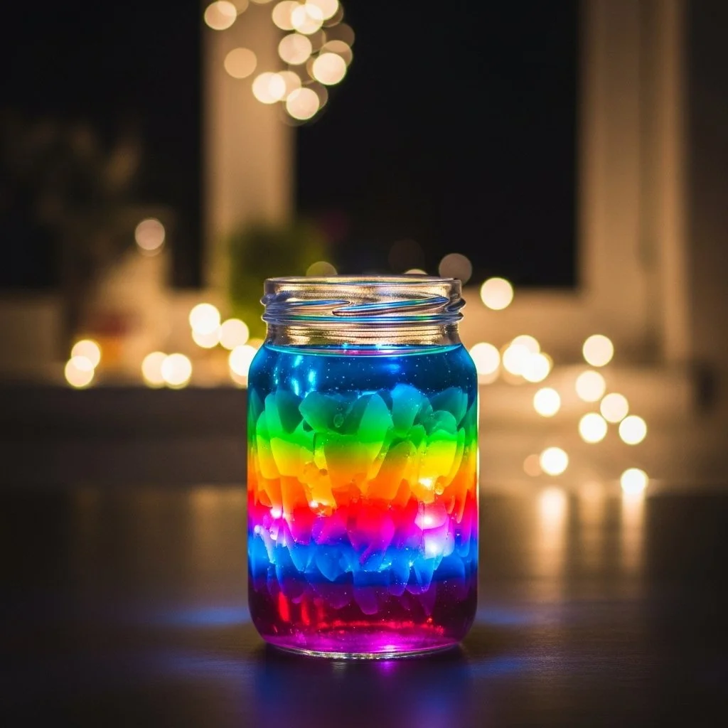 Colorful layered liquid art jar showcasing vibrant DIY design