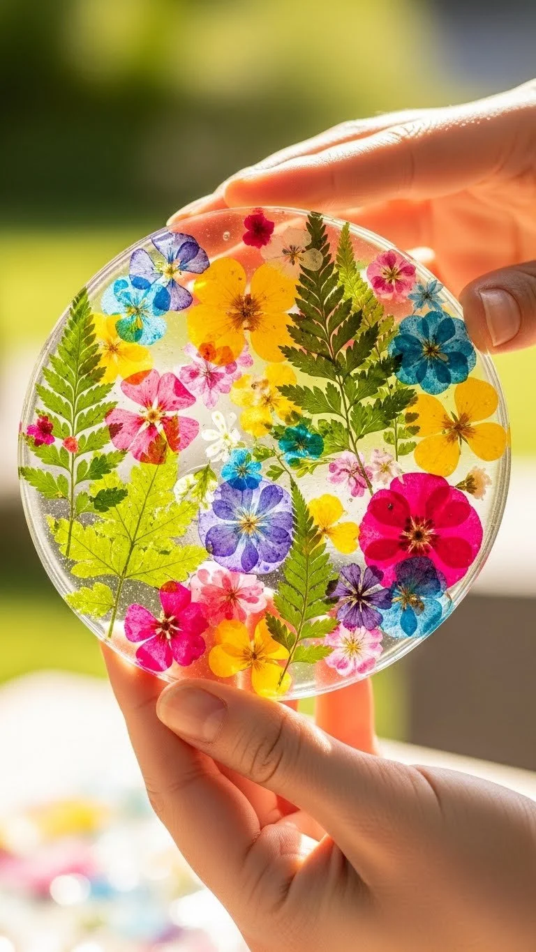 Colorful DIY nature suncatchers made with natural elements like leaves and flowers