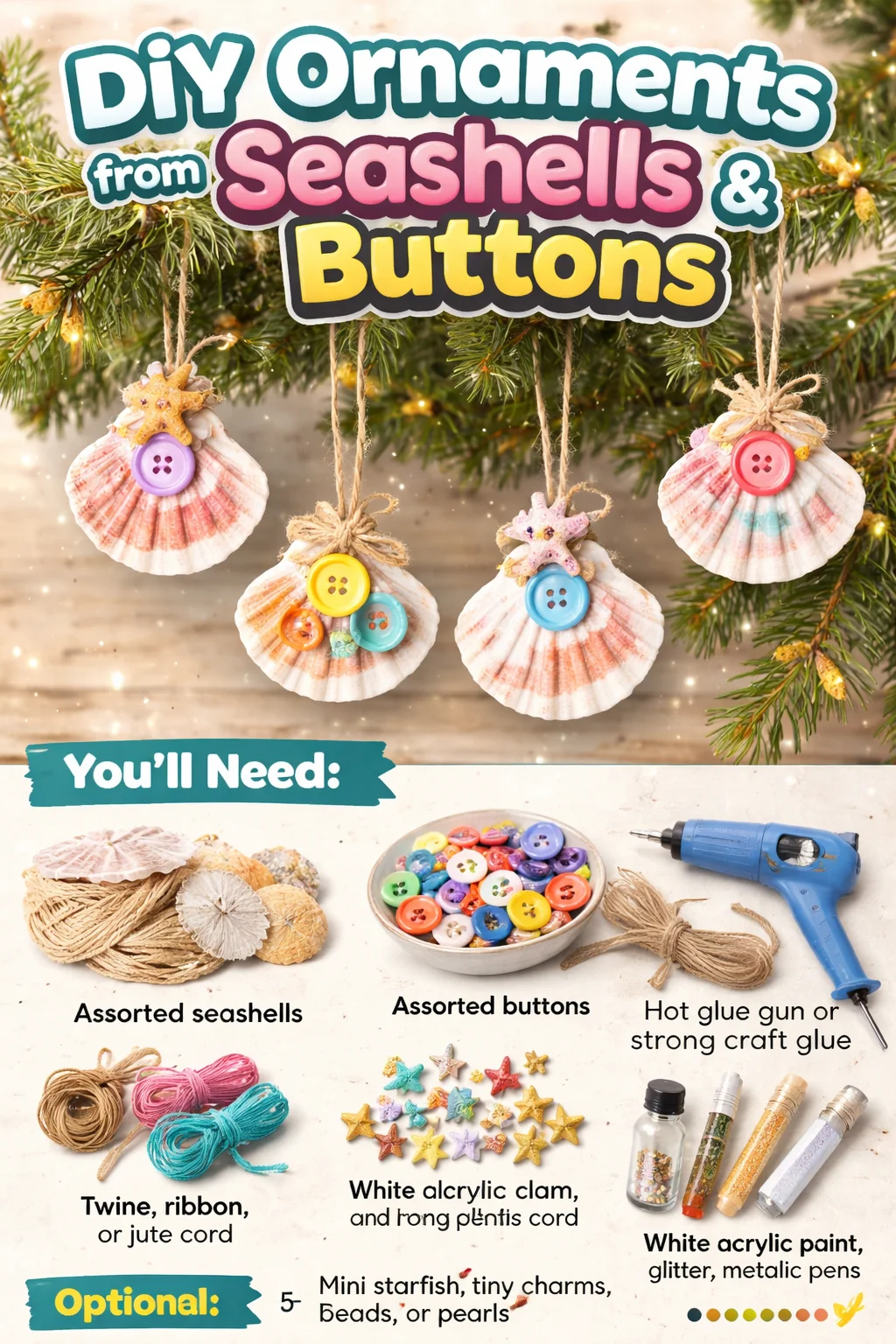 DIY ornaments made from seashells and colorful buttons for festive decor.