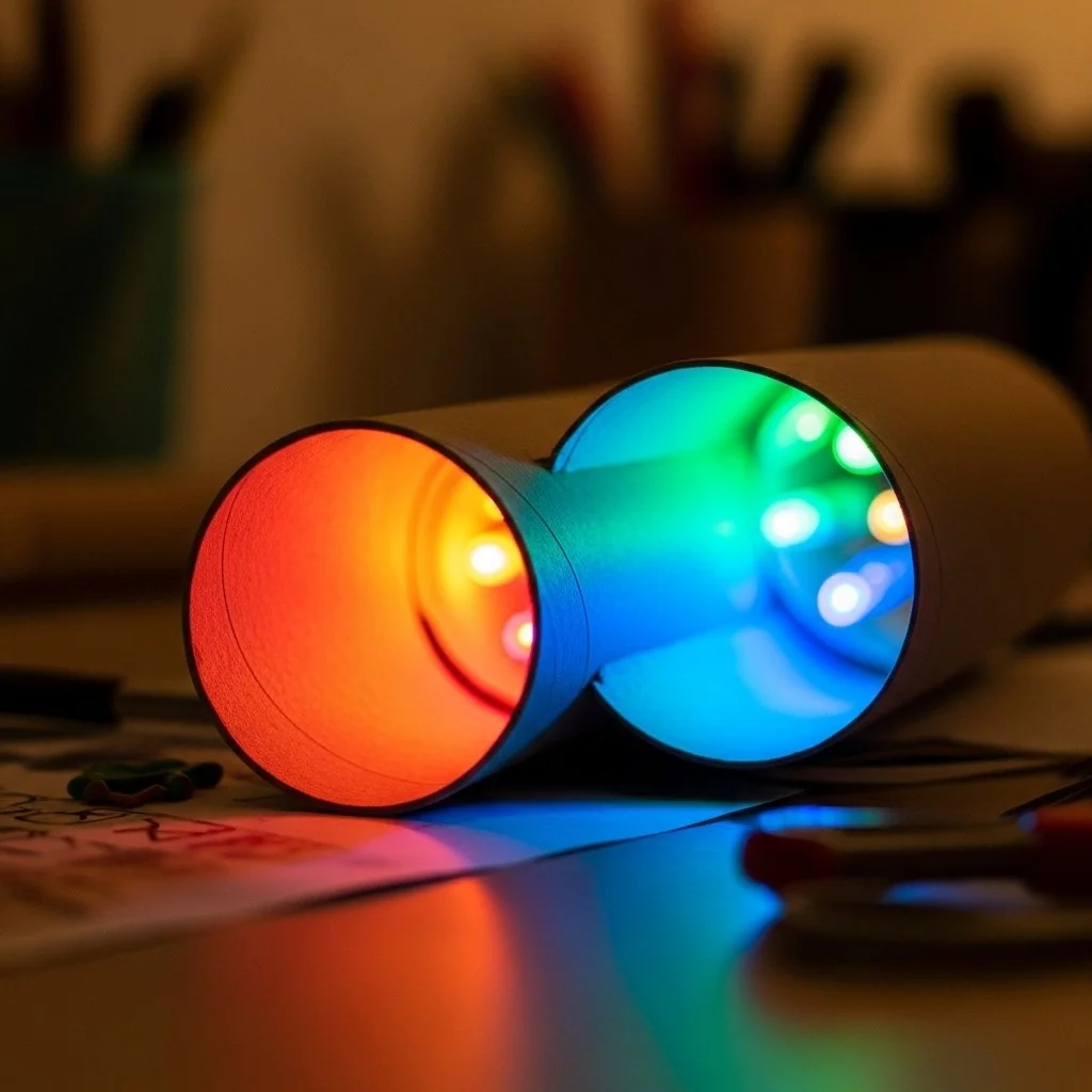 Colorful DIY rainbow light show setup with vibrant lights and decorations.