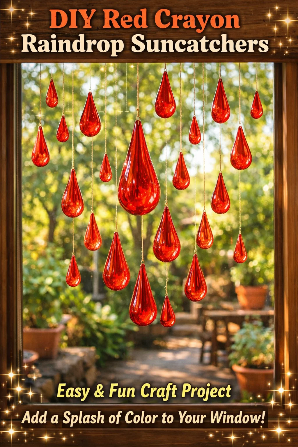 DIY red crayon raindrop suncatchers displayed in sunlight