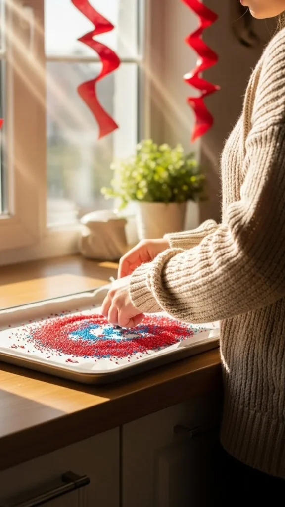 Colorful DIY red crayon suncatcher catching sunlight in a window
