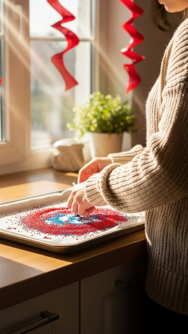 Colorful DIY red crayon suncatcher catching sunlight in a window