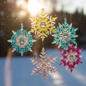 Handmade DIY snowflake suncatcher hanging in the sunlight