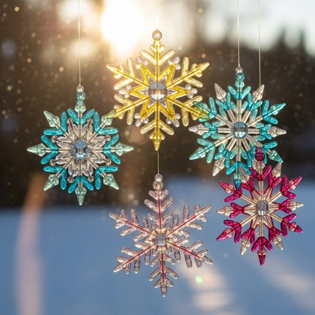 Handmade DIY snowflake suncatcher hanging in the sunlight