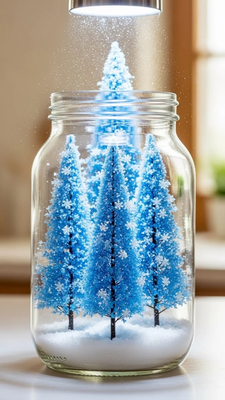 DIY snowstorm in a jar craft with glitter and water, showcased in a glass container.