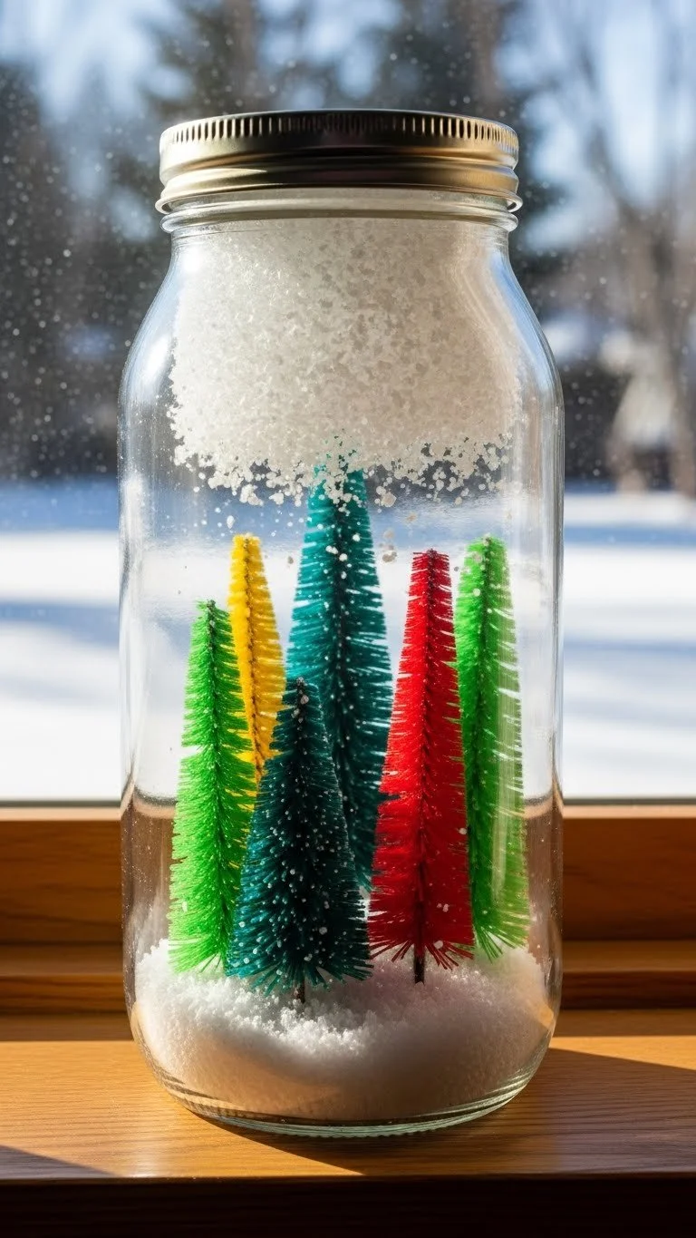 DIY Snowstorm Winter Jar project with snow and winter decorations.