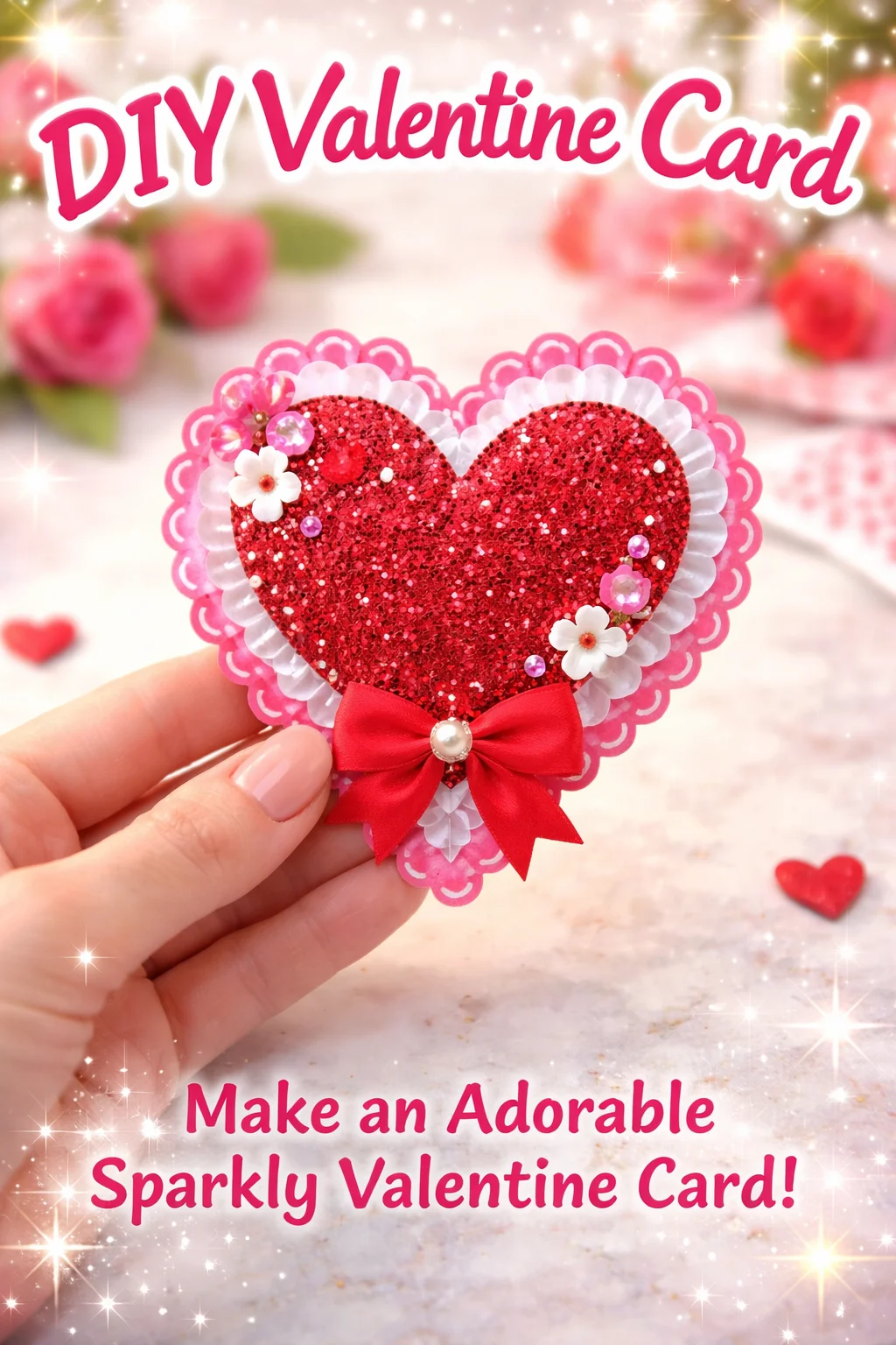 Handmade DIY Valentine card with art supplies ready for crafting
