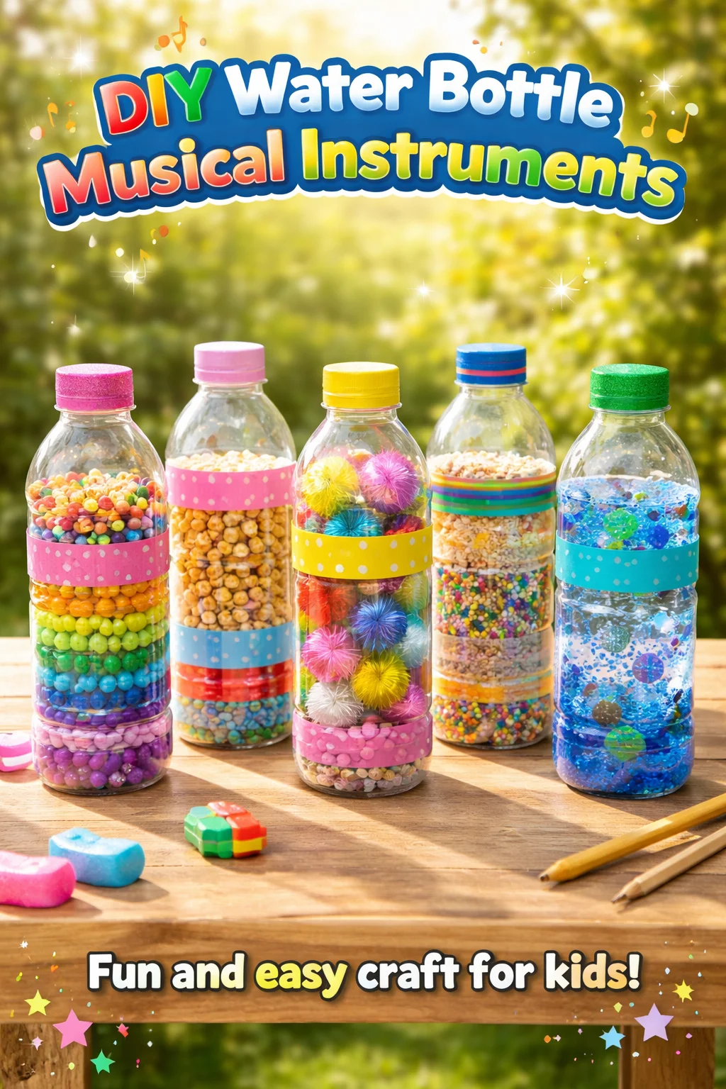 DIY water bottle musical instruments showcasing fun and creativity.