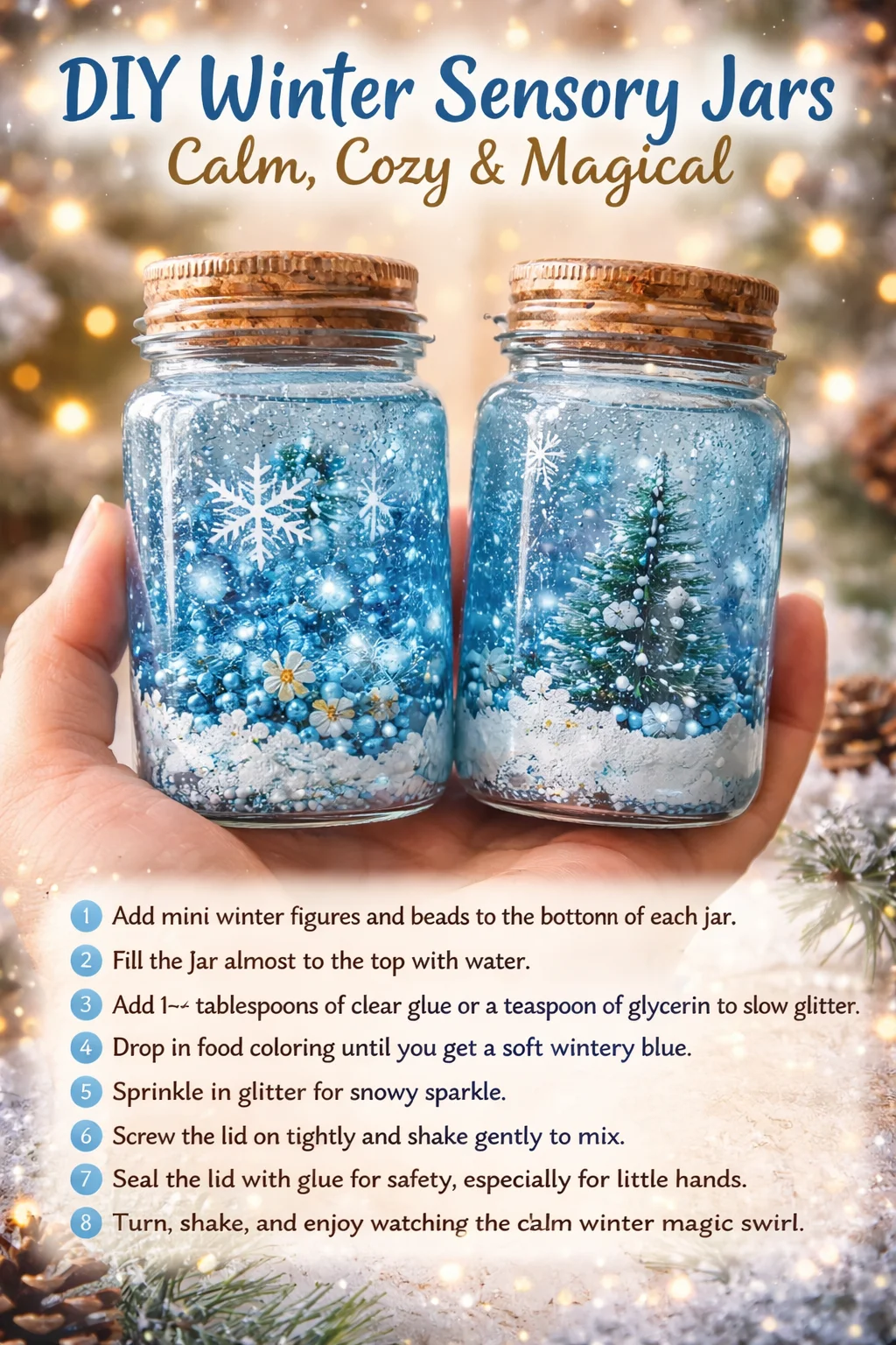Colorful DIY winter sensory jars filled with snowflakes and cozy elements.