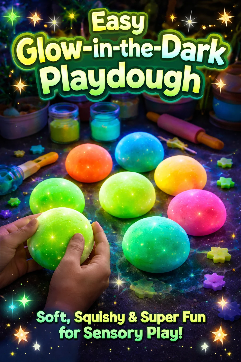 Homemade glow-in-the-dark playdough in vibrant colors for kids' activities.