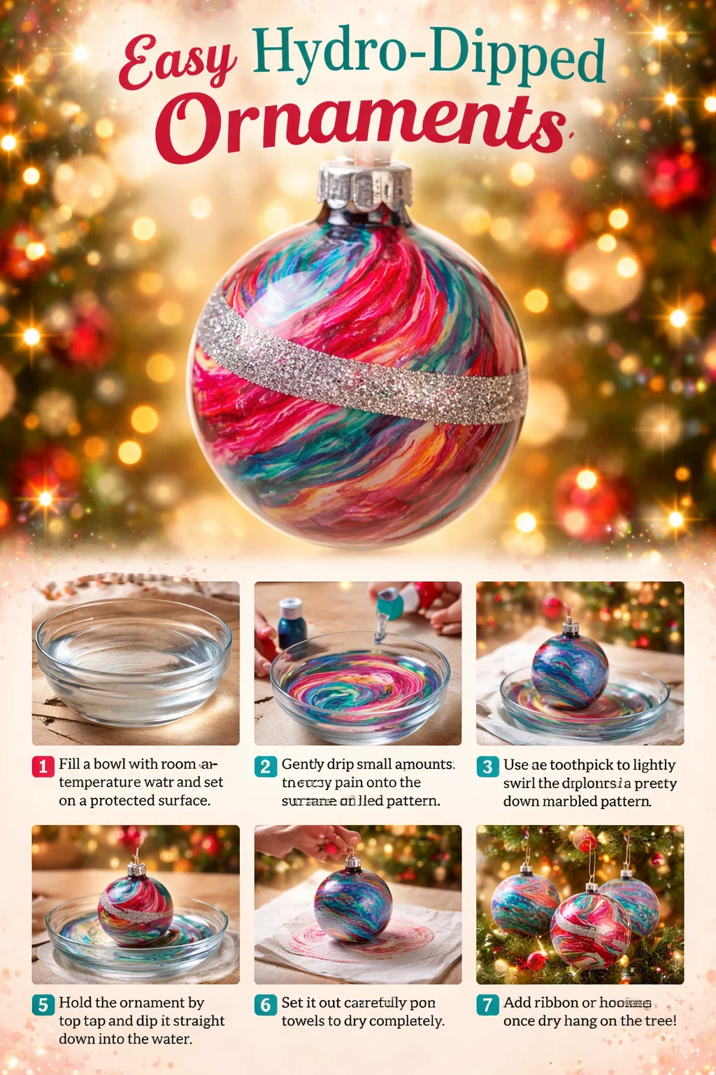 Colorful hydro-dipped ornaments displayed creatively for festive decor