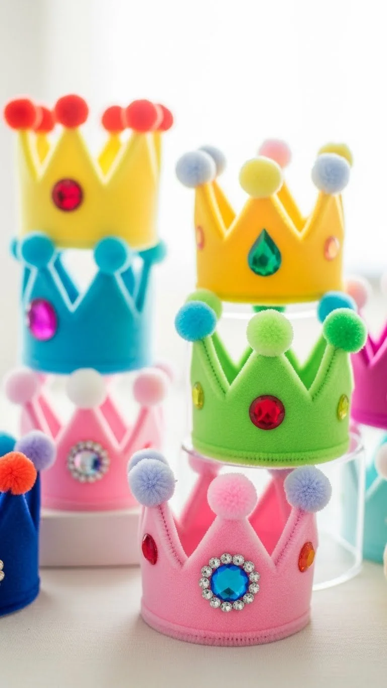 Colorful pipe cleaner crowns made for kids' crafts and party decorations