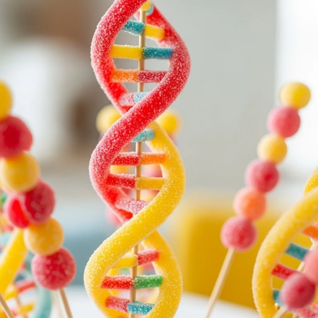 Plate showcasing creative culinary presentation of edible DNA strands.