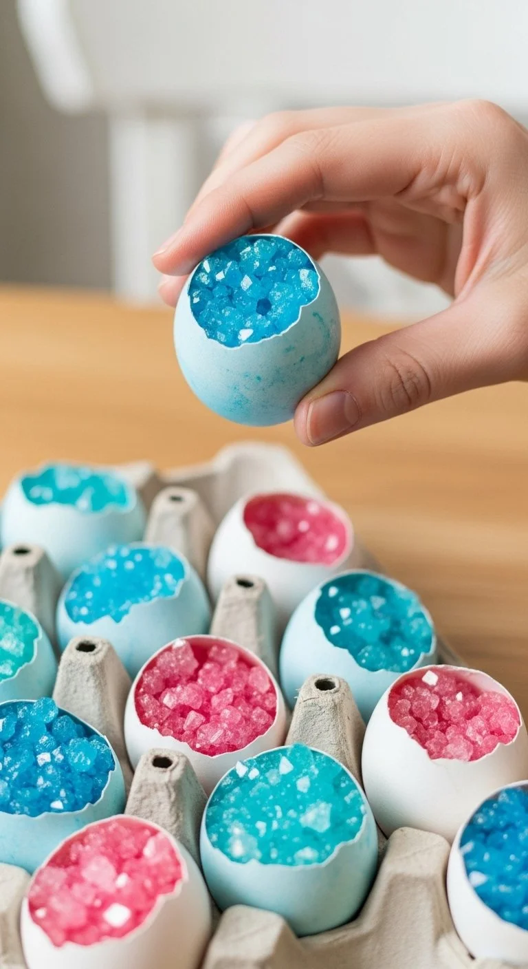 Beautifully crafted eggshell geodes showcasing colorful crystals inside.