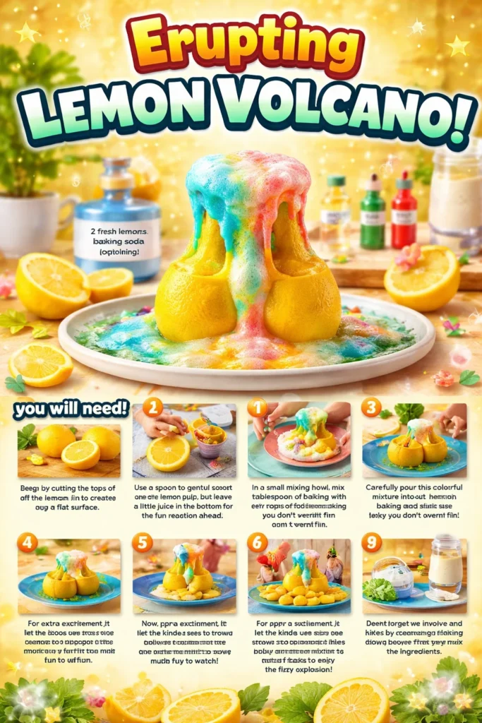 Erupting Lemon Volcano experiment showcasing colorful citrus eruption.