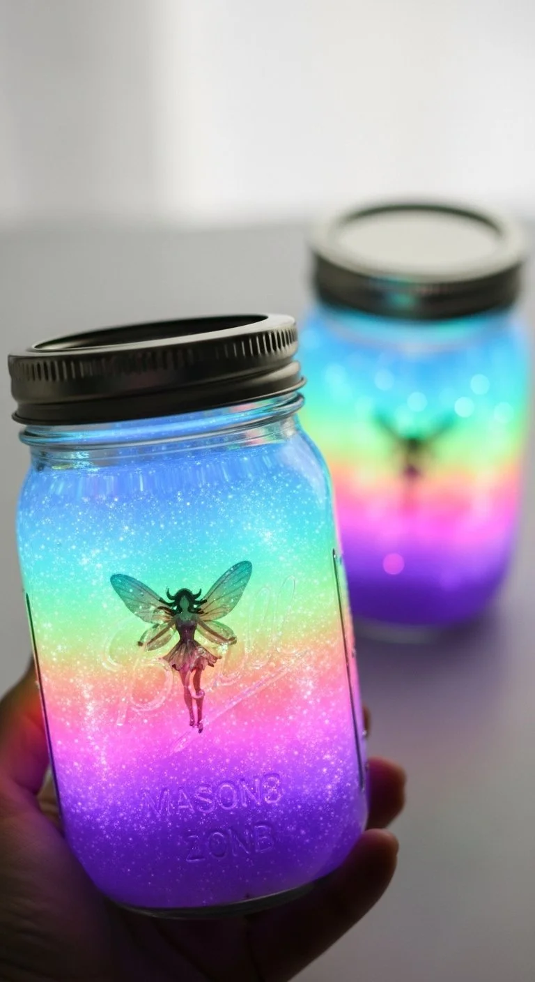 A whimsical jar containing tiny fairies and glitter, representing the magic of fairies.