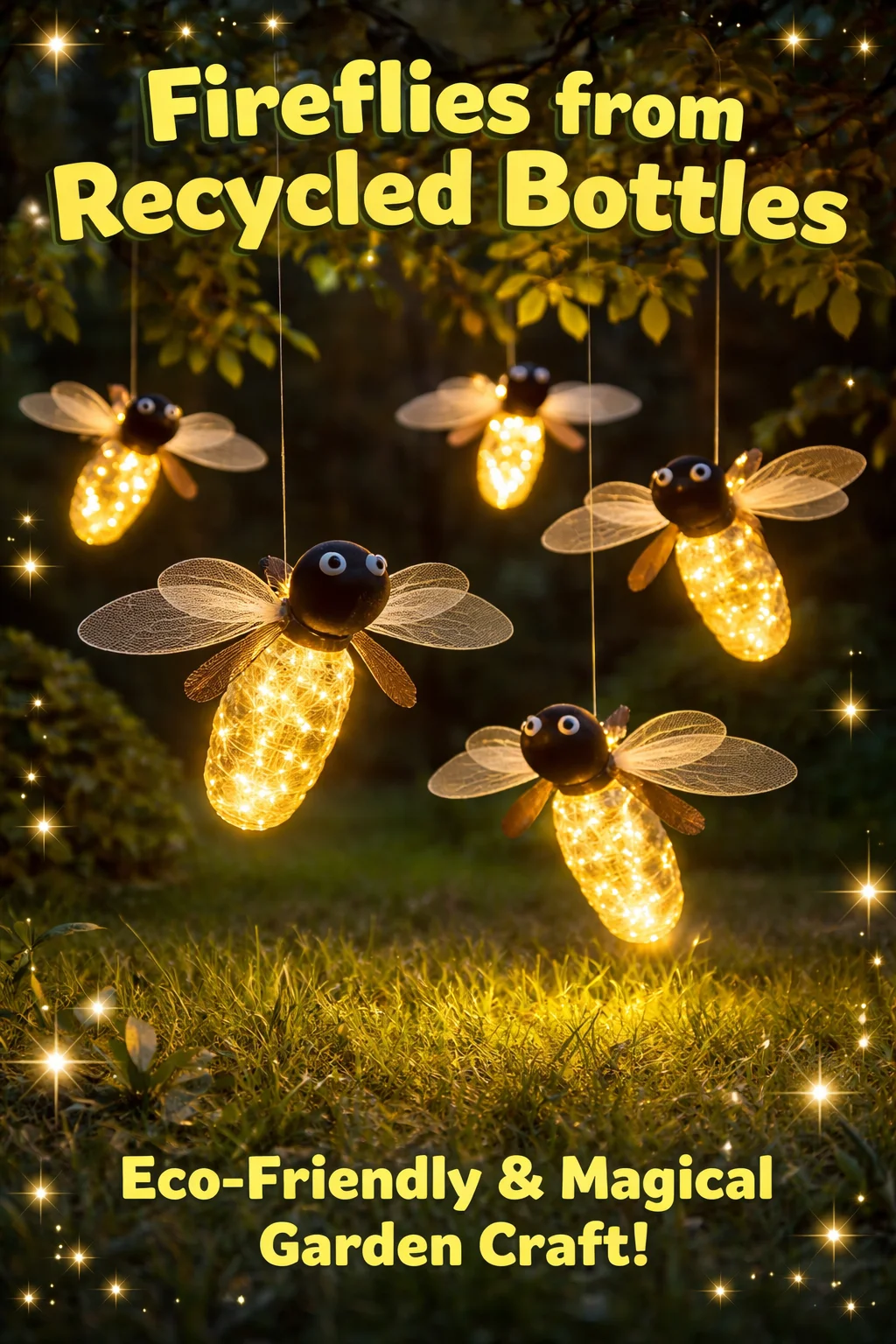 Colorful fireflies created from recycled bottles lighting up a garden at night.
