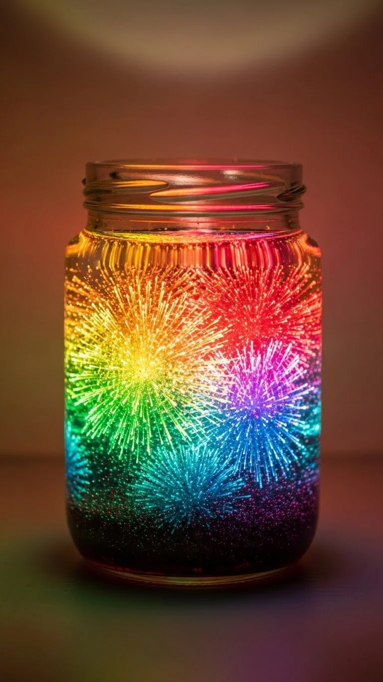 Colorful fireworks displayed in a jar showcasing firework color.