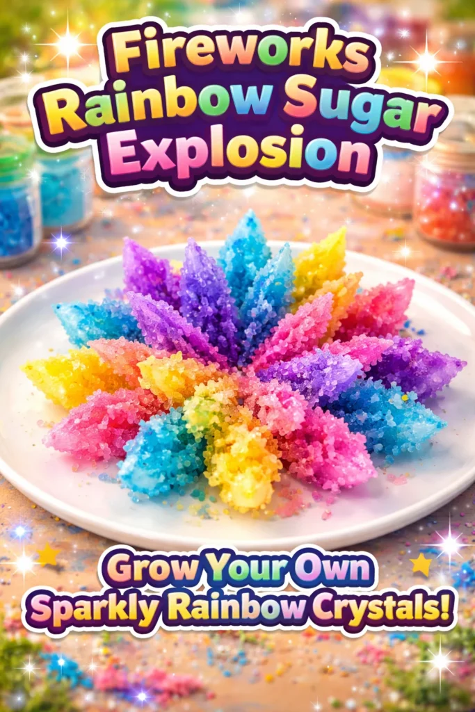 Colorful fireworks display creating a Rainbow Sugar Explosion in the night sky.