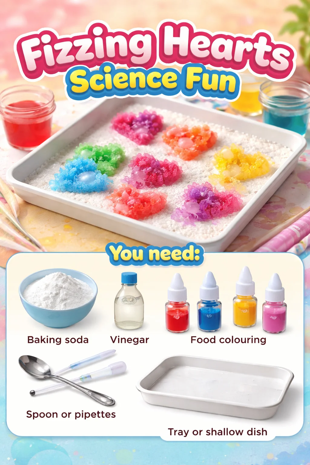 Fizzing Hearts science fun experiment with colorful chemical reactions