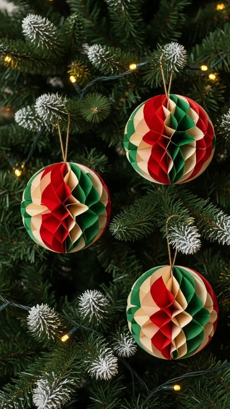Colorful folded paper ball ornament hanging as festive decoration