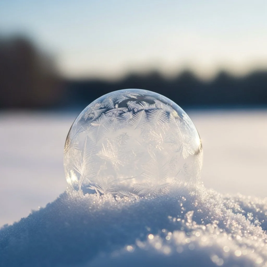 Frozen bubbles sparkling in winter sunlight, showcasing intricate ice crystal designs.