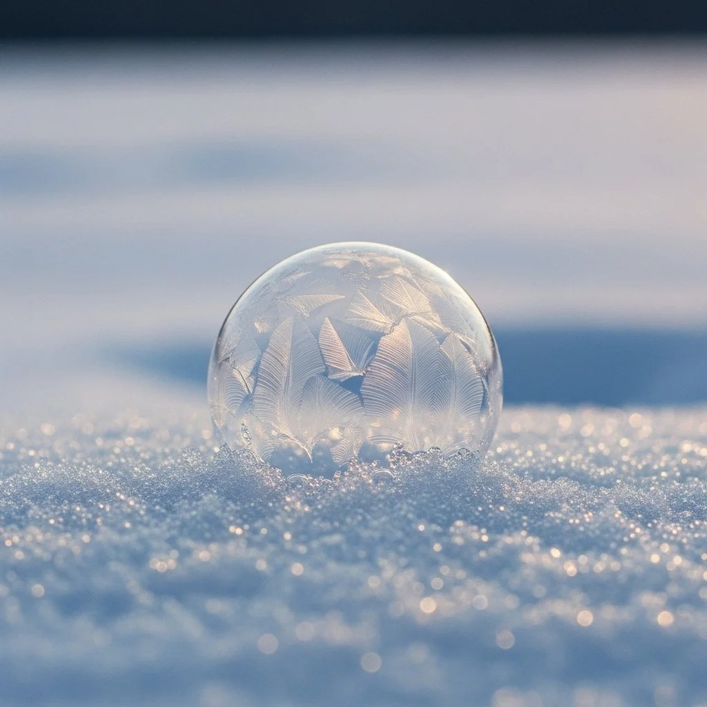 A breathtaking image of frozen bubbles in a snowy landscape, showcasing nature's art.