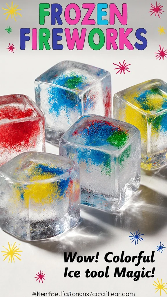 Frozen fireworks light up a winter night sky in vibrant colors.