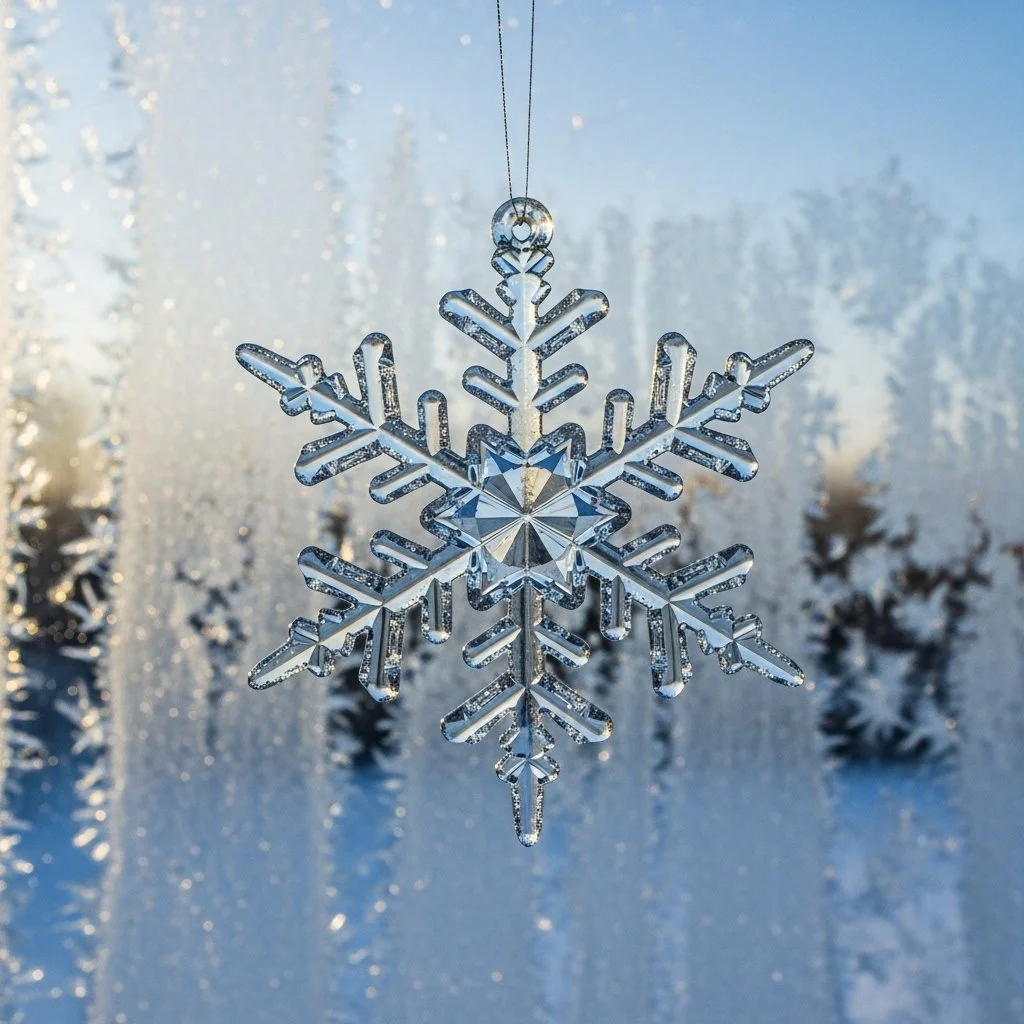 Cluster of frozen icy snowflakes exhibiting intricate designs against a winter background.