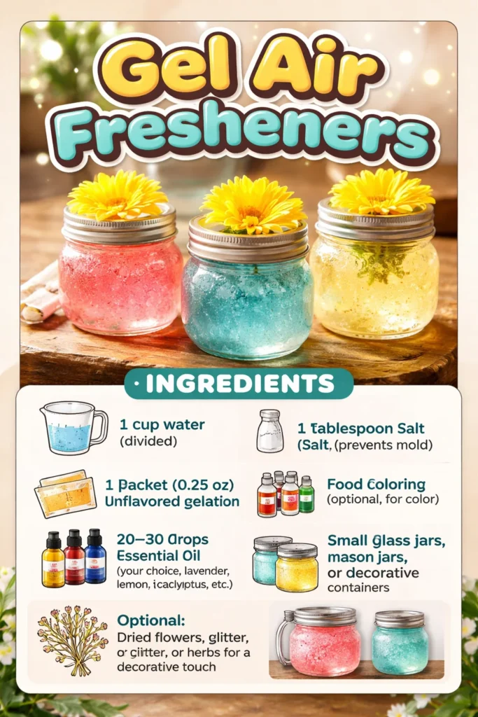 Assorted gel air fresheners in various scents and colors for home use.