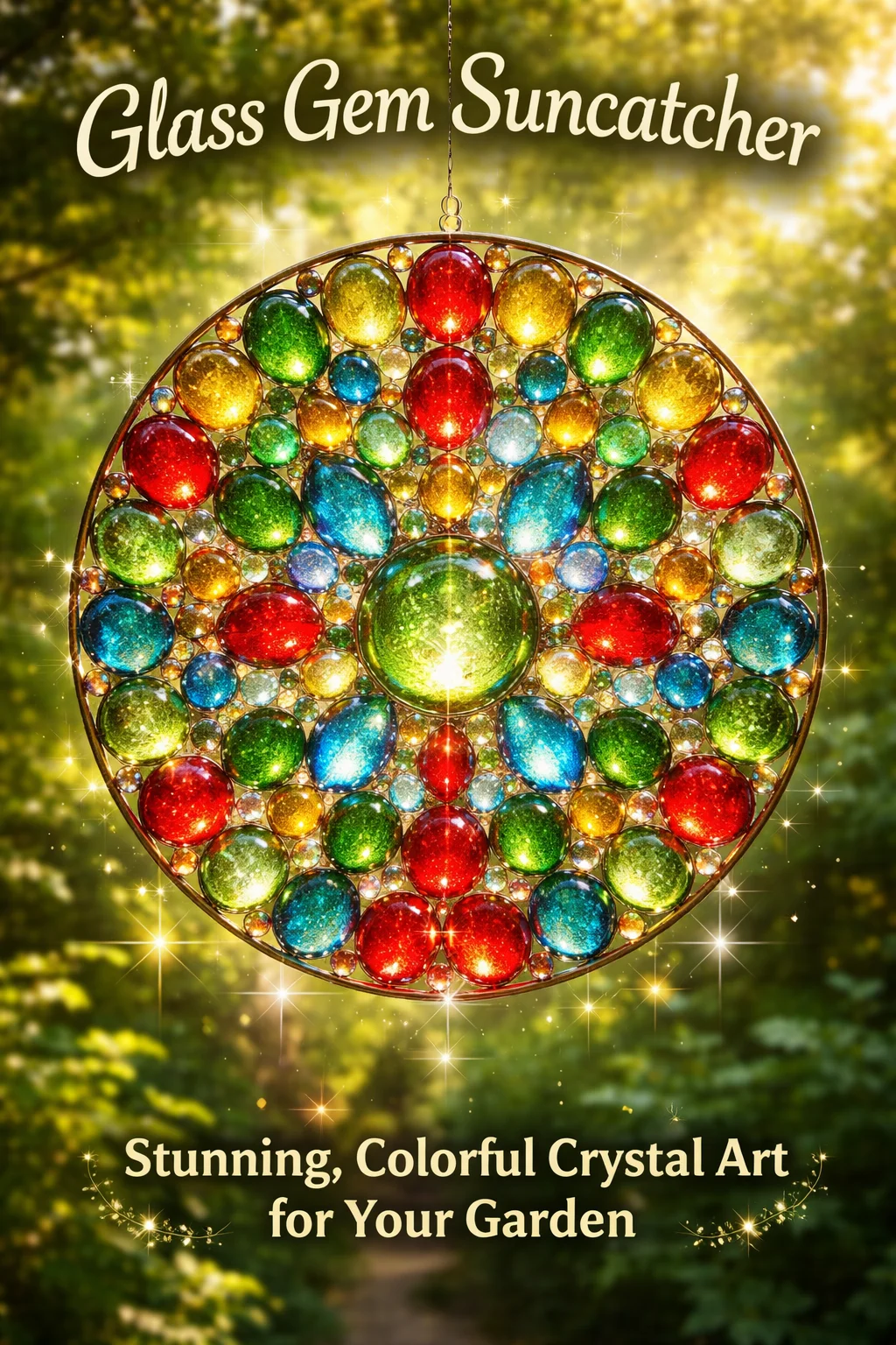 Colorful Glass Gem Suncatcher hanging in sunlight, creating vibrant reflections.