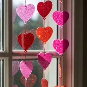 Colorful Glitter Heart Suncatchers hanging in sunlight, reflecting vibrant colors.
