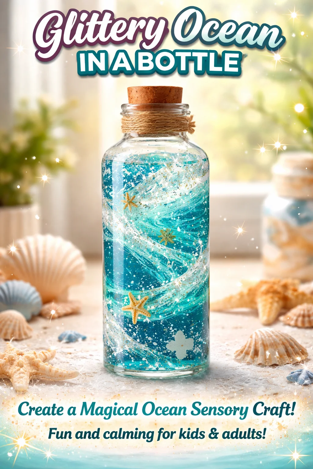 A glittery ocean in a bottle display showcasing shimmering waves and a magical sea effect.