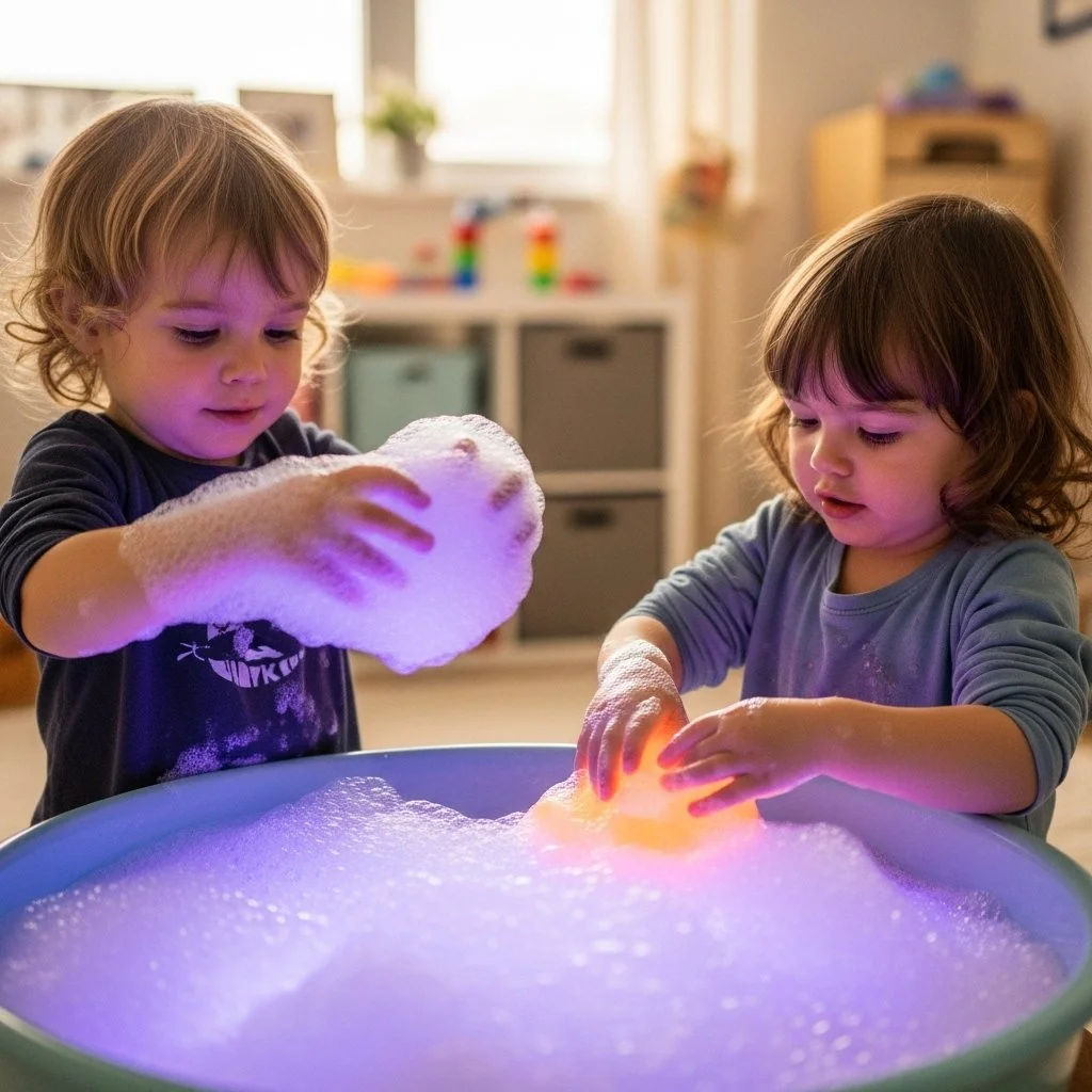Children playing with Glow Bubble Foam at a party, creating colorful glowing bubbles.