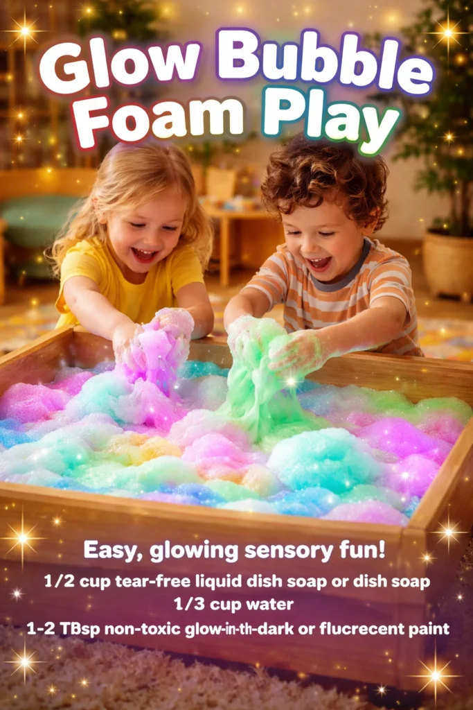 Children playing with Glow Bubble Foam creating colorful bubbles and fun.