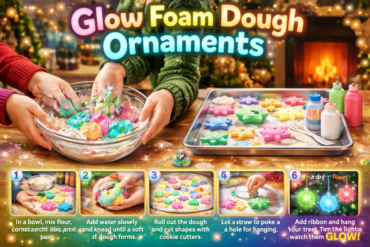 Handcrafted Glow Foam Dough ornaments glowing in the dark.