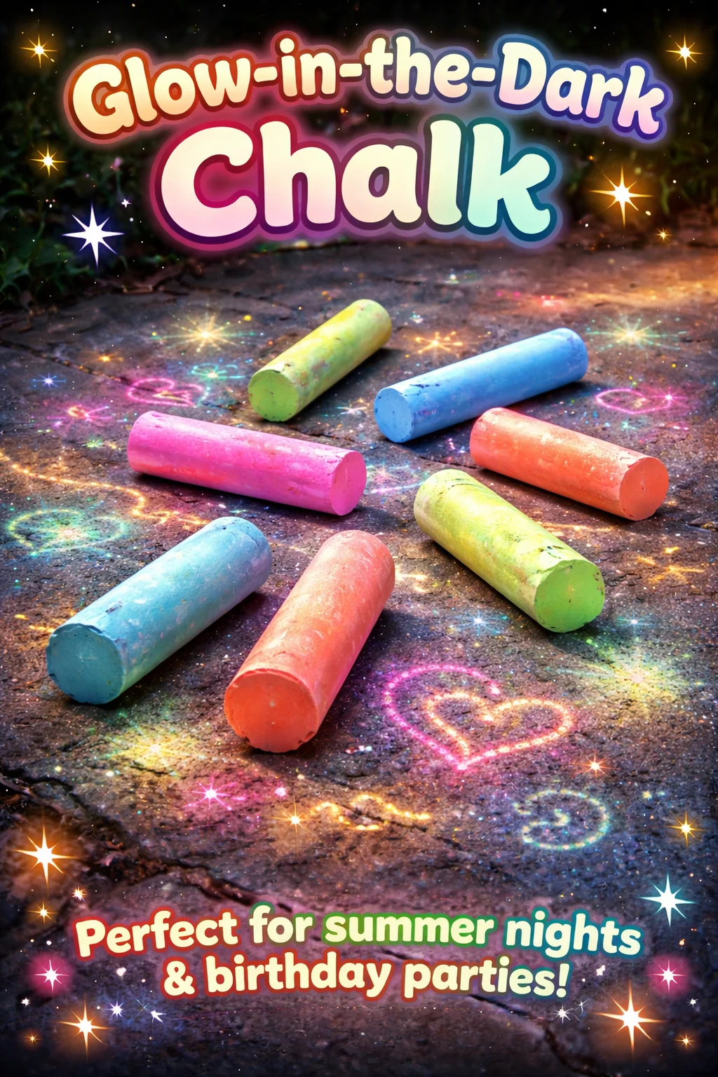 Image of colorful Glow-in-the-Dark Chalk pieces illuminating in the dark.