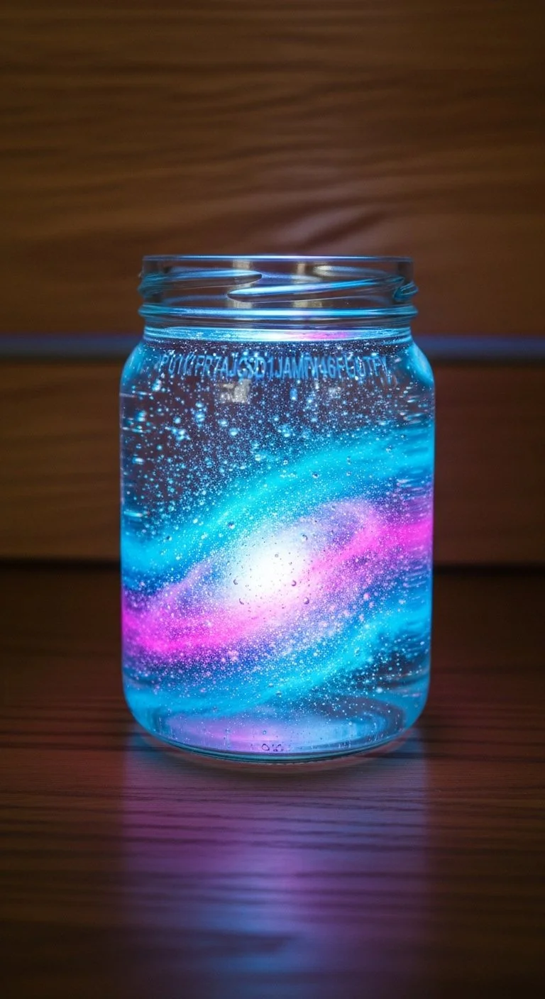 Glow-in-the-dark galaxy jar with colorful stars and swirling patterns