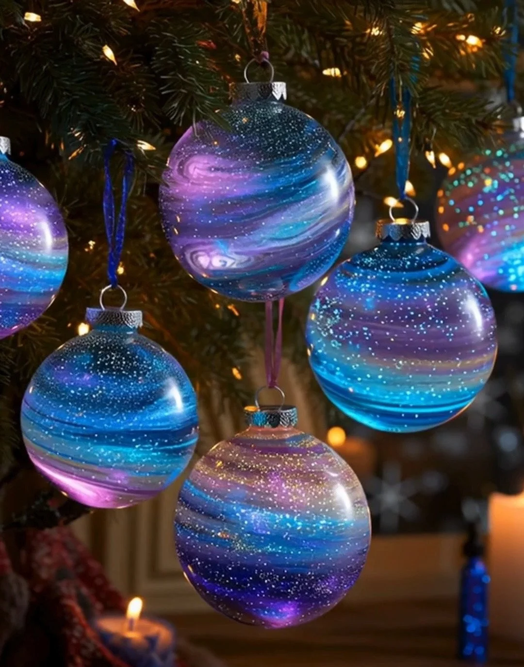 Glow-in-the-dark galaxy ornaments illuminating a dreamy night sky.