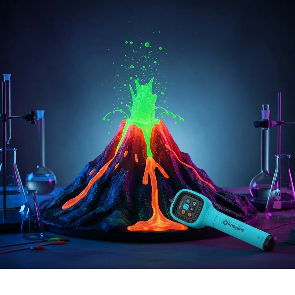 Glow-in-the-dark volcano model showcasing vibrant colors and luminous effects.