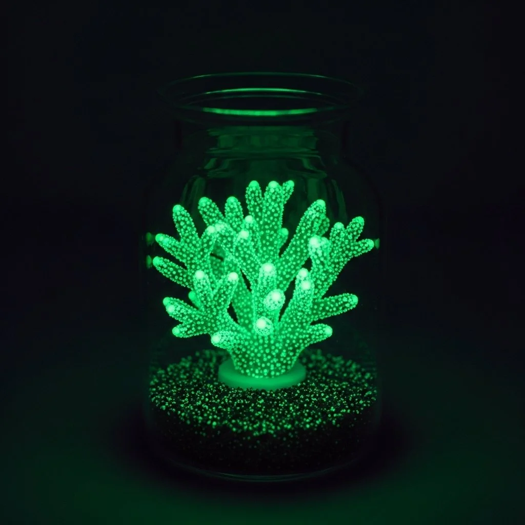 Glowing baking soda tree showcased in a decorative jar