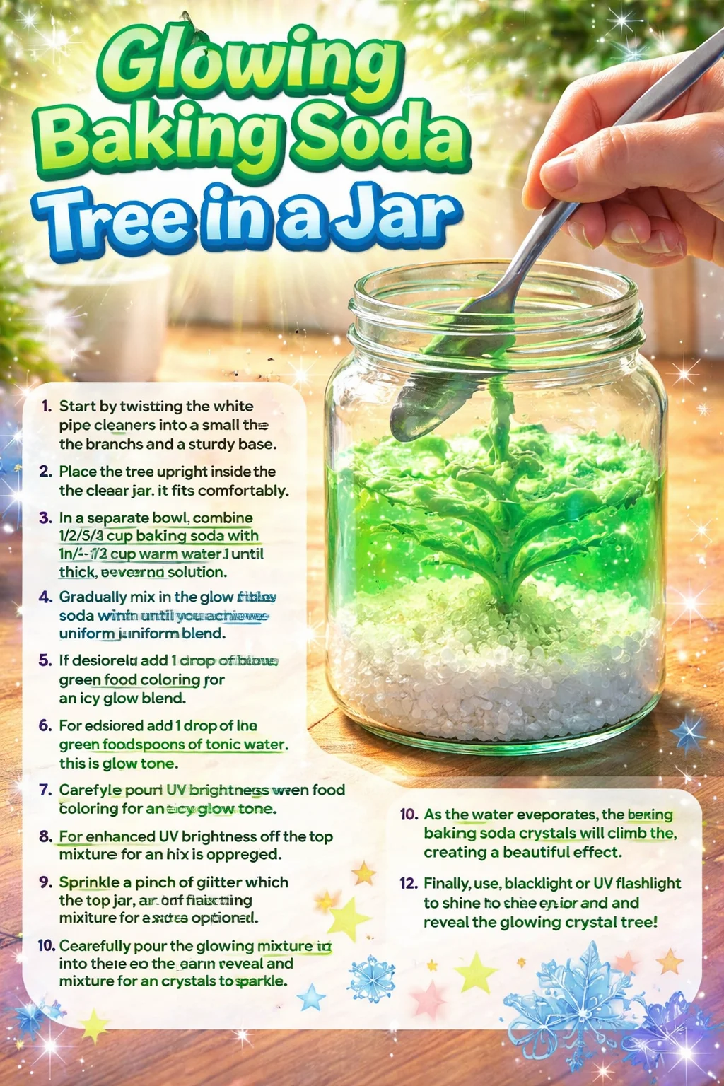 Glowing baking soda tree placed in a glass jar, showcasing its vibrant colors.