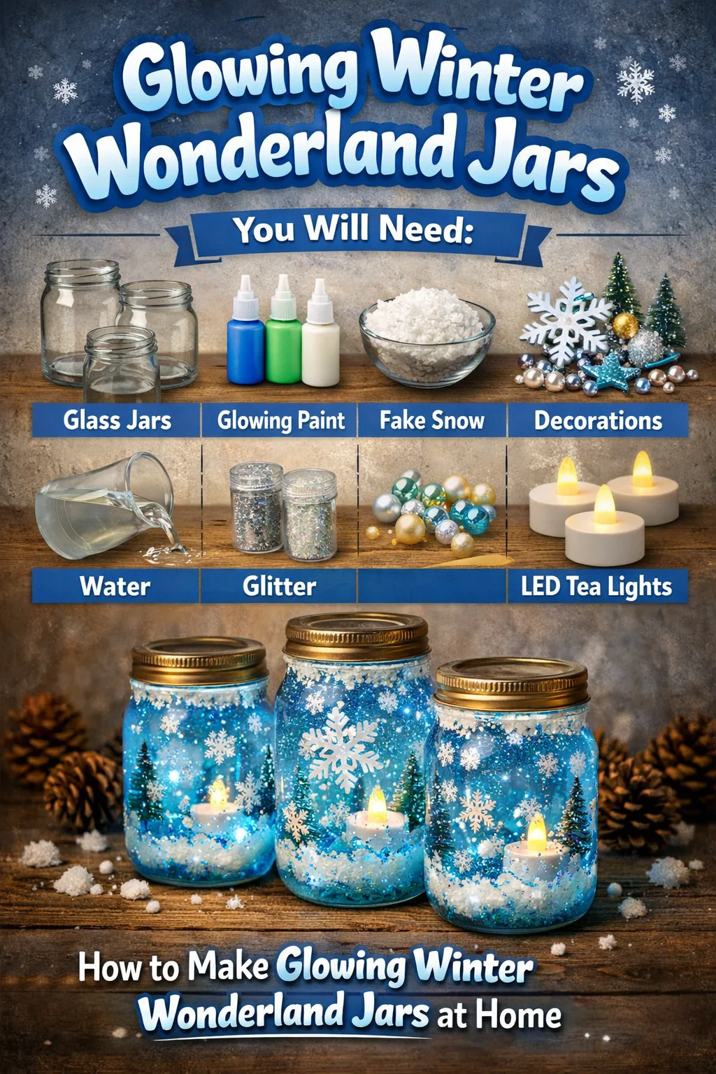 Glowing winter wonderland jars illuminating a festive scene