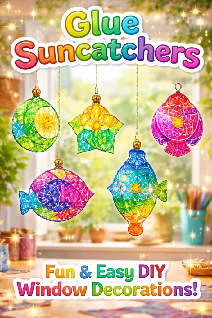 Colorful DIY glue suncatchers catching sunlight in a bright room.